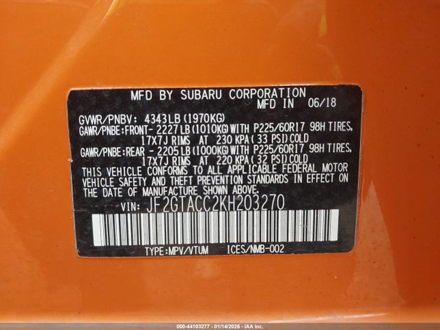 Aukcja sprzedaży 2019 Subaru Crosstrek 2.0i Premium, vin: JF2GTACC2KH203270, numer aukcji: 44103277