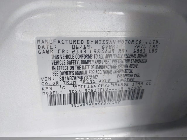 Nissan SENTRA S 2019 3N1AB7AP4KY372147 Image 9
