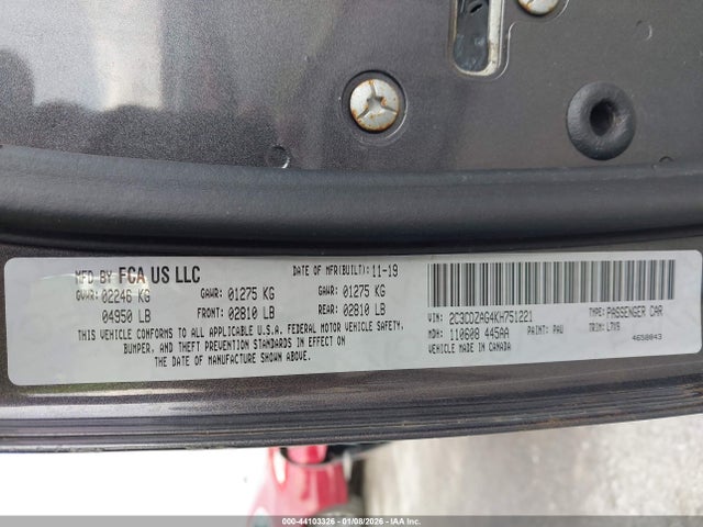 44103326 :رقم المزاد ، 2C3CDZAG4KH751221 vin ، 2019 Dodge Challenger Sxt مزاد بيع