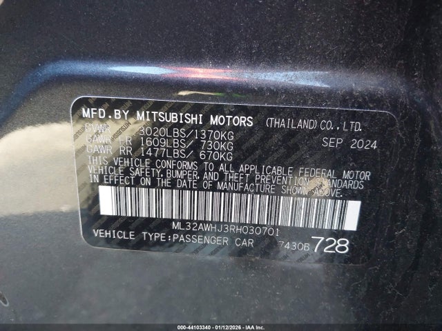 Продажа на аукционе авто 2024 Mitsubishi Mirage Black Edition, vin: ML32AWHJ3RH030701, номер лота: 44103340