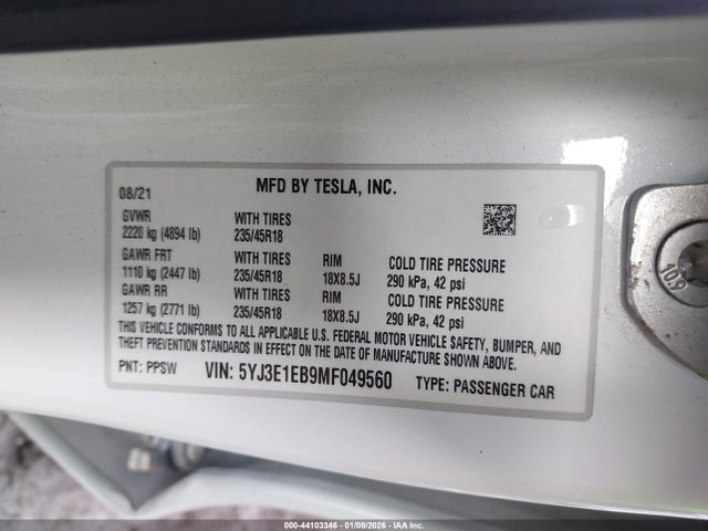 2021 TESLA MODEL 3 5YJ3E1EB9MF049560 Photo 8