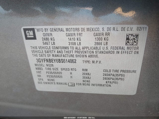 44103361 :رقم المزاد ، 3GYFNBEY6BS614062 vin ، 2011 Cadillac Srx Performance Collection مزاد بيع