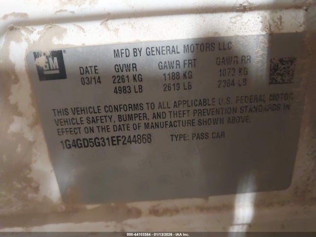 Aukcja sprzedaży 2014 Buick Lacrosse Premium I Group, vin: 1G4GD5G31EF244868, numer aukcji: 44103384
