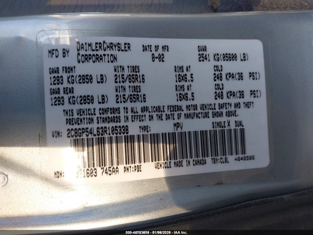 2003 Chrysler Town & Country Lxi მანქანა იყიდება აუქციონზე, vin: 2C8GP54L63R105338, აუქციონის ნომერი: 44103474