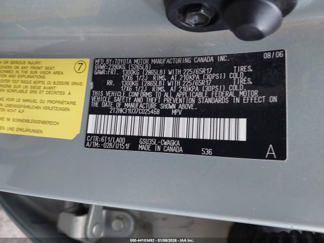44103492 :رقم المزاد ، 2T2HK31U37C025468 vin ، 2007 Lexus Rx 350 مزاد بيع