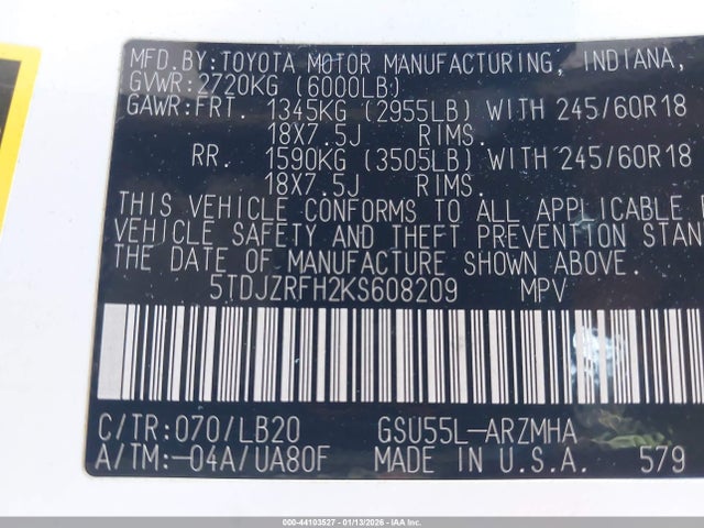 5TDJZRFH2KS608209 Toyota Highlander Xle