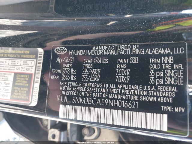 5NMJBCAE9NH016621 Hyundai TUCSON SEL