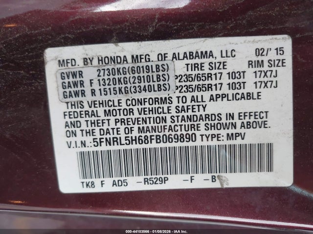 5FNRL5H68FB069890 Honda Odyssey Ex-l