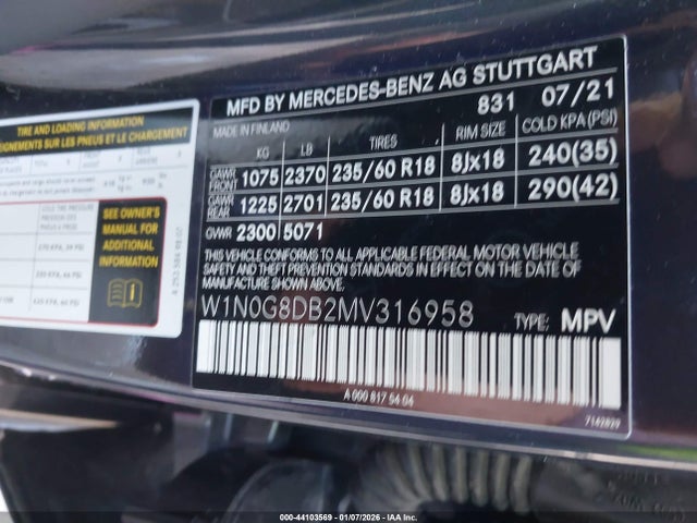 W1N0G8DB2MV316958 Mercedes-Benz Glc 300 Suv