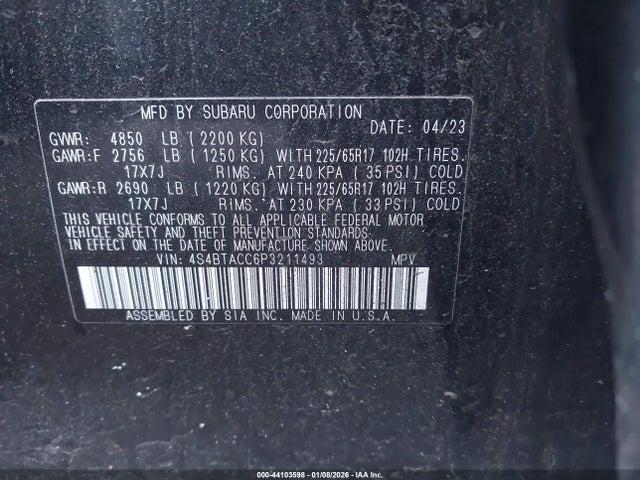 Aukcja sprzedaży 2023 Subaru Outback Premium, vin: 4S4BTACC6P3211493, numer aukcji: 44103598