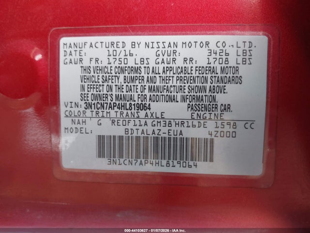 3N1CN7AP4HL819064 Nissan Versa 1.6 S+
