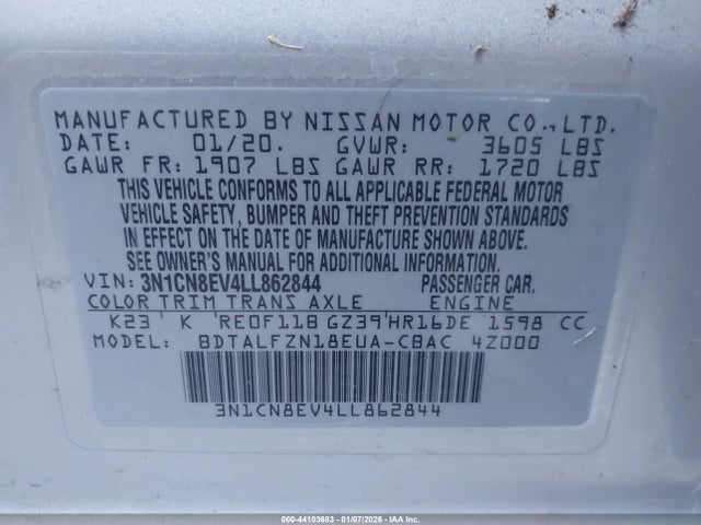 3N1CN8EV4LL862844 Nissan Versa Sv Xtronic Cvt