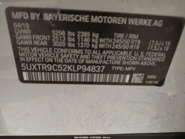 Aukcja sprzedaży 2019 Bmw X3 Xdrive30i, vin: 5UXTR9C52KLP94837, numer aukcji: 44103693