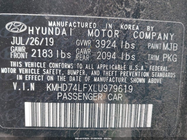44103828 :رقم المزاد ، KMHD74LFXLU979619 vin ، 2020 Hyundai Elantra Se مزاد بيع