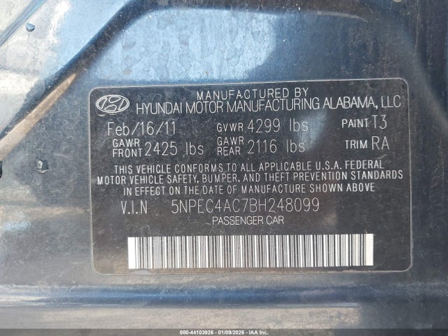 2011 Hyundai Sonata Limited მანქანა იყიდება აუქციონზე, vin: 5NPEC4AC7BH248099, აუქციონის ნომერი: 44103926