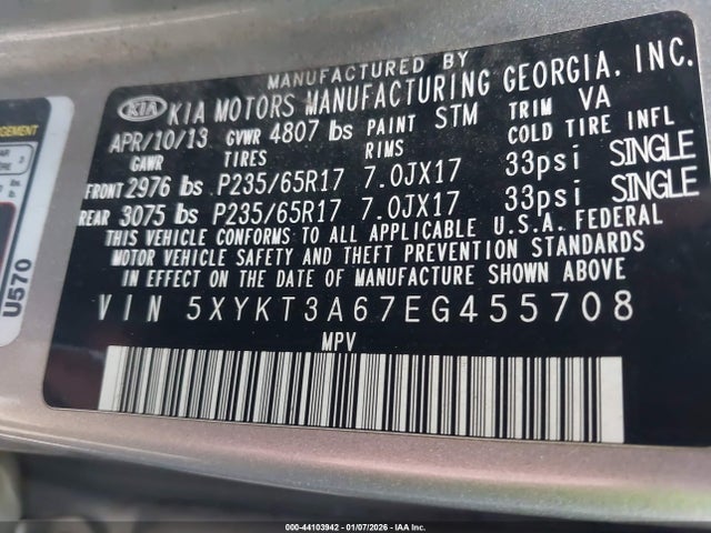 5XYKT3A67EG455708 KIA SORENTO LX
