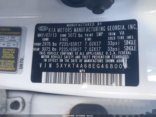 KIA SORENTO LX 2014 5XYKT4A68EG468005 Image 9