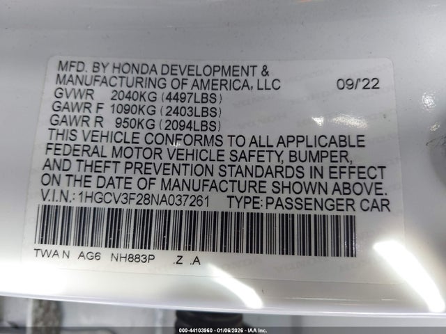1HGCV3F28NA037261 Honda lfb2