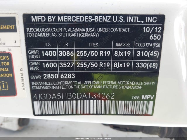 Продаж на аукціоні авто 2013 Mercedes-benz Ml 350 4matic, vin: 4JGDA5HB0DA134262, номер лоту: 44103999