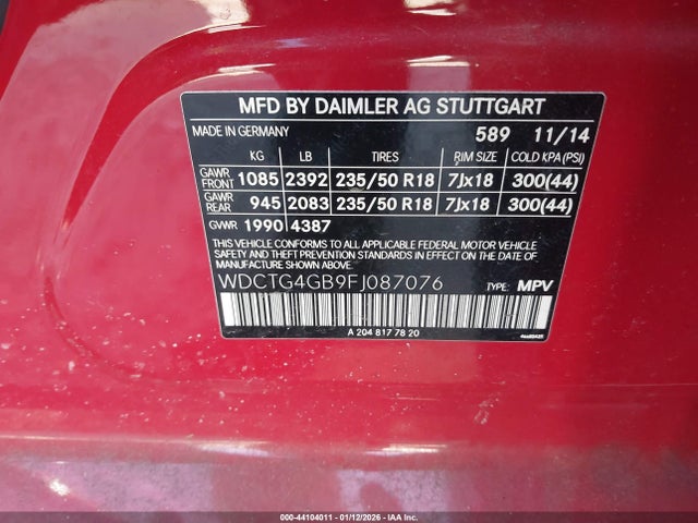 44104011 :رقم المزاد ، WDCTG4GB9FJ087076 vin ، 2015 Mercedes-benz Gla 250 4matic مزاد بيع