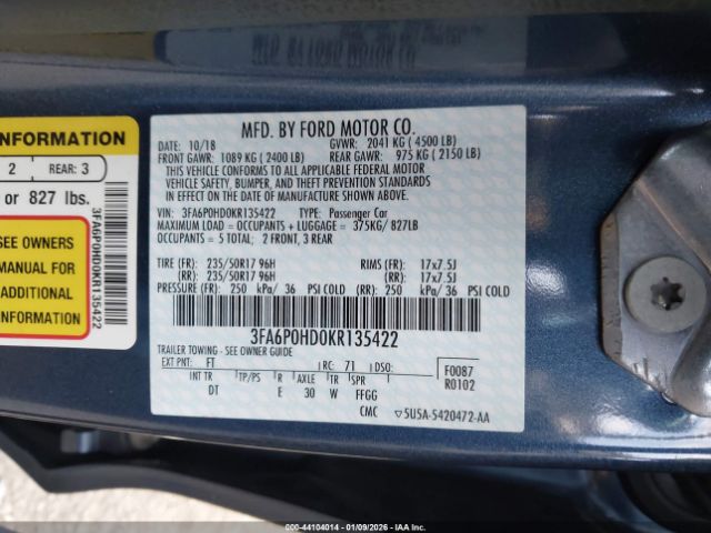 2019 FORD FUSION 3FA6P0HD0KR135422 Photo 8