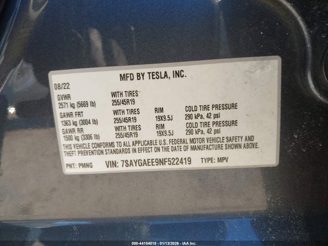 2022 TESLA MODEL Y 7SAYGAEE9NF522419 Photo 8