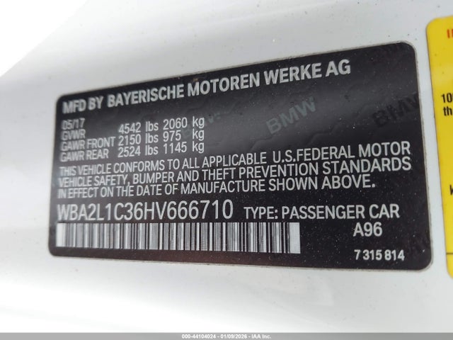44104024 :رقم المزاد ، WBA2L1C36HV666710 vin ، 2017 Bmw M240i مزاد بيع