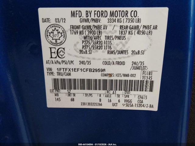 2012 Ford F-150 Fx4 მანქანა იყიდება აუქციონზე, vin: 1FTFX1EF1CFB29598, აუქციონის ნომერი: 44104094