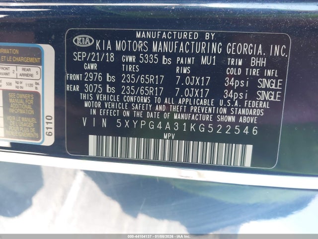 5XYPG4A31KG522546 KIA Sorento 2.4l Lx