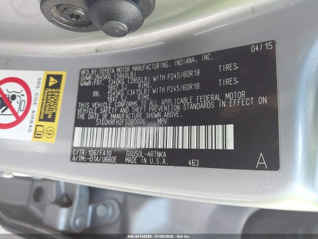 5TDZKRFH2FS080006 Toyota Highlander Le Plus V6
