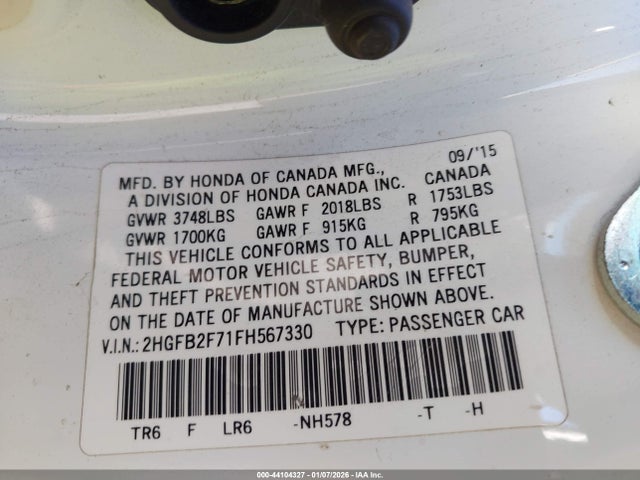 Honda CIVIC SE 2015 2HGFB2F71FH567330 Image 9