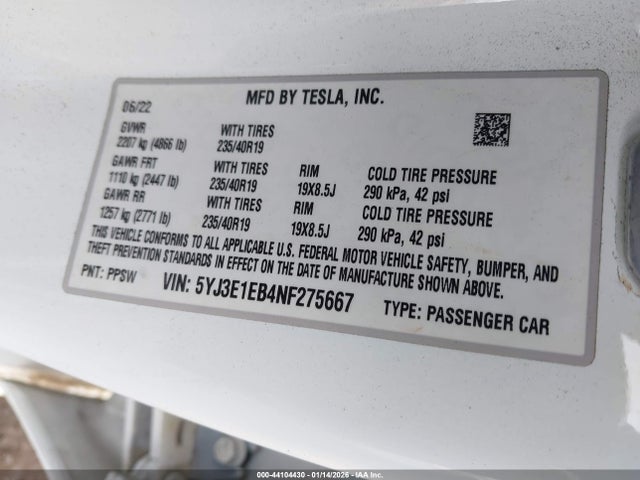 2022 TESLA MODEL 3 5YJ3E1EB4NF275667 Photo 8