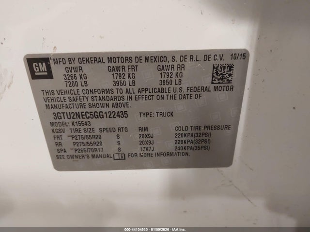 Продаж на аукціоні авто 2016 Gmc Sierra 1500 Slt, vin: 3GTU2NEC5GG122435, номер лоту: 44104530