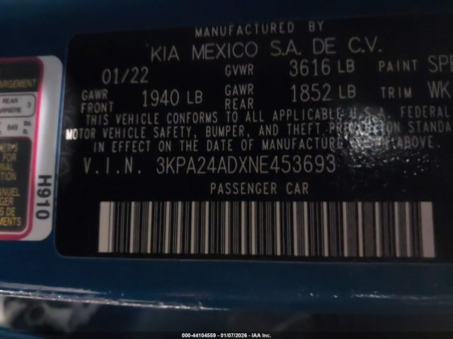 3KPA24ADXNE453693 KIA RIO S