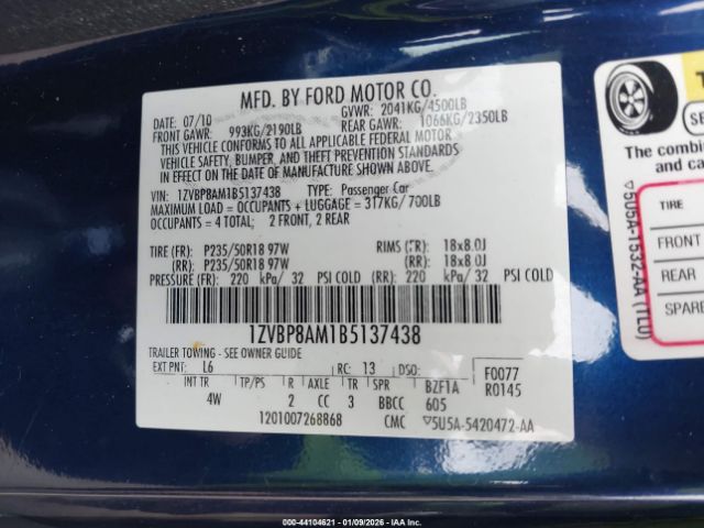 2011 FORD MUSTANG 1ZVBP8AM1B5137438 Photo 8