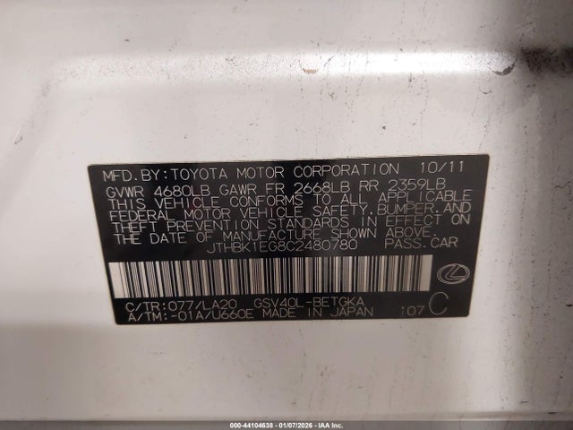 Продажа на аукционе авто 2012 Lexus Es 350, vin: JTHBK1EG8C2480780, номер лота: 44104638