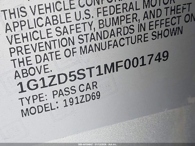 Aukcja sprzedaży 2021 Chevrolet Malibu Fwd Lt, vin: 1G1ZD5ST1MF001749, numer aukcji: 44104647