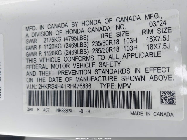 2HKRS4H41RH476886 Honda Cr-v Ex Awd