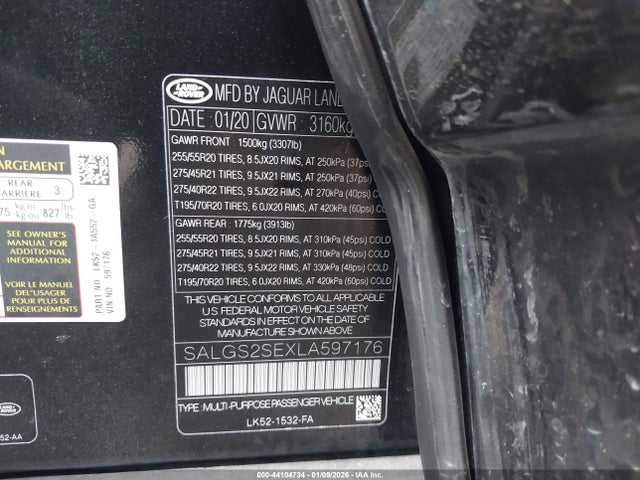 44104734 :رقم المزاد ، SALGS2SEXLA597176 vin ، 2020 Land Rover Range Rover P525 Hse مزاد بيع