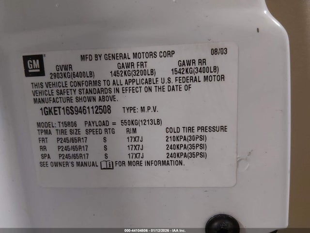 Продаж на аукціоні авто 2004 Gmc Envoy Xl Slt, vin: 1GKET16S946112508, номер лоту: 44104806