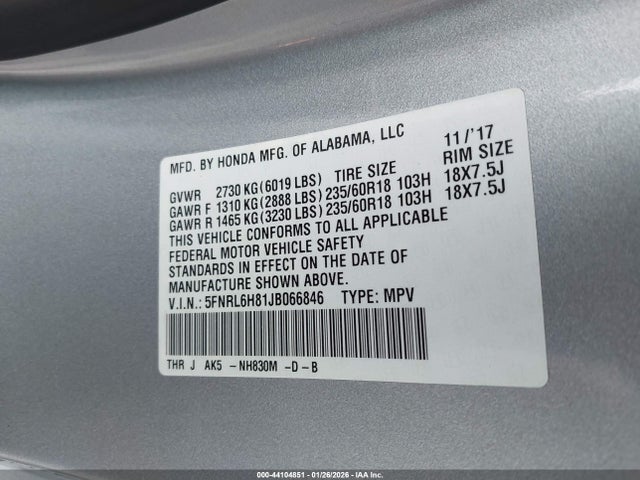 5FNRL6H81JB066846 Honda Odyssey Touring