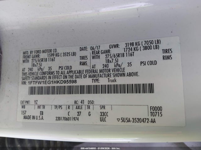 1FTFW1EG1HKD95598 Ford F-150 Lariat