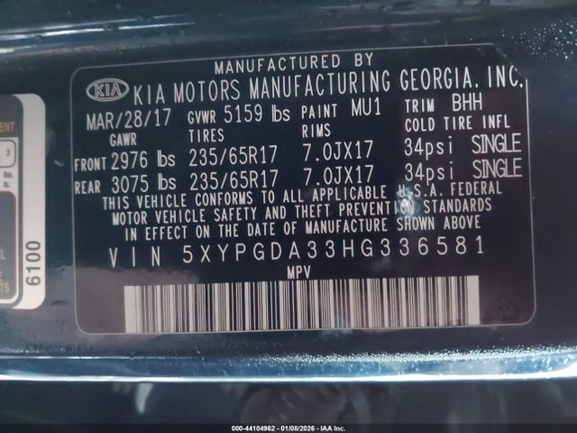 5XYPGDA33HG336581 KIA Sorento 2.4l Lx