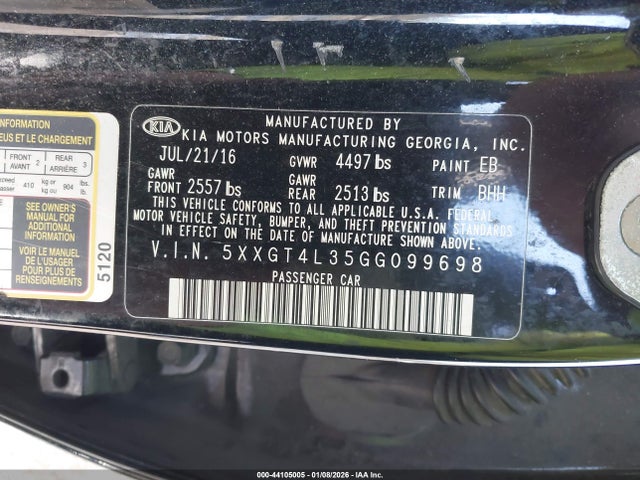 44105005 :رقم المزاد ، 5XXGT4L35GG099698 vin ، 2016 Kia Optima Lx مزاد بيع