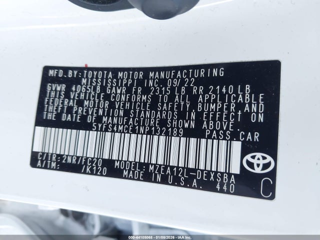 5YFS4MCE1NP132189 Toyota COROLLA SE