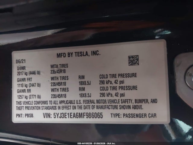 2021 TESLA MODEL 3 5YJ3E1EA6MF986065 Photo 8