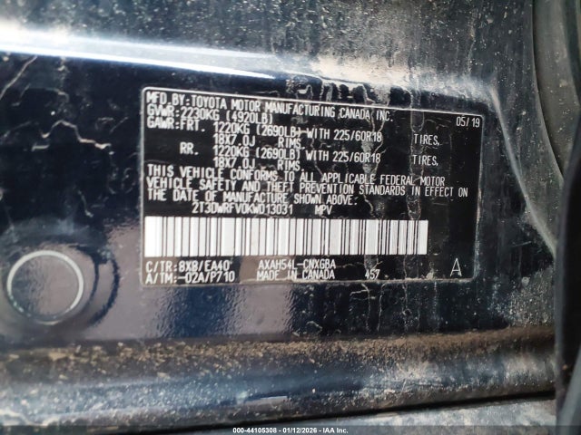 2019 Toyota Rav4 Hybrid Limited მანქანა იყიდება აუქციონზე, vin: 2T3DWRFV0KW013031, აუქციონის ნომერი: 44105308