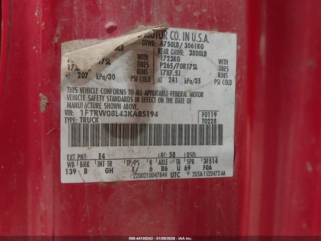 44105342 :رقم المزاد ، 1FTRW08L43KA85194 vin ، 2003 Ford F-150 Lariat/xlt مزاد بيع