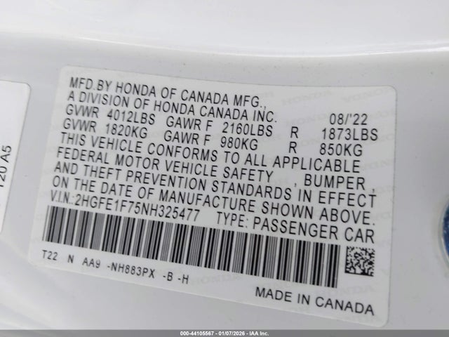 2HGFE1F75NH325477 Honda CIVIC EX