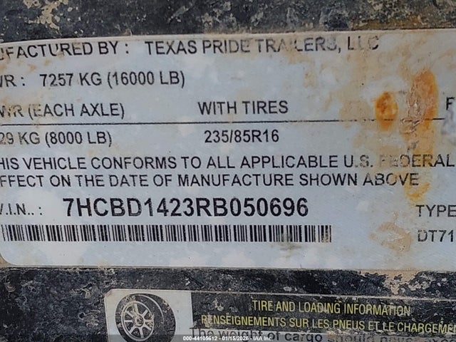 2024 Texas Pride Trailers N/a მანქანა იყიდება აუქციონზე, vin: 7HCBD1423RB050696, აუქციონის ნომერი: 44105612